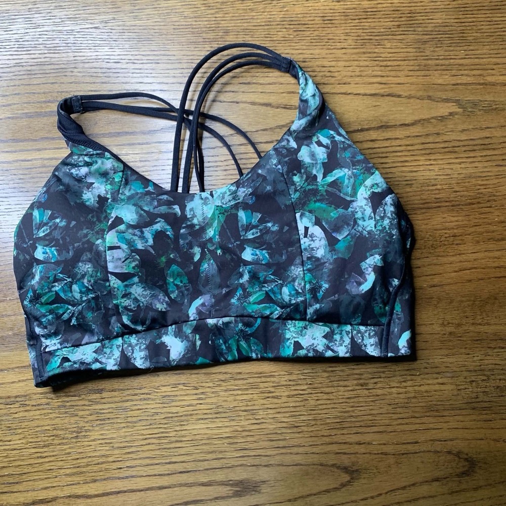 All in Motion Sports Bra Size L Green Black Leaf Print Strappy Back